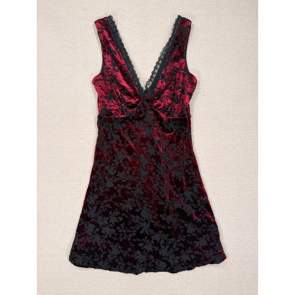 Trixxi Burgundy Red Black Floral Burnout Velvet Lace Trim Mini Dress XS